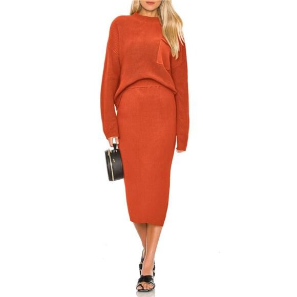 Dresses & Skirts - Women's Two Piece Outfits Ribbed Knit Bodycon Midi Skirt Sets